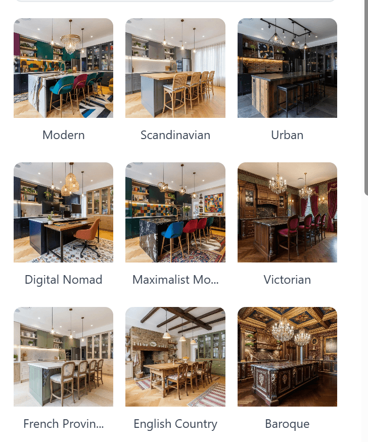 Style grid showing different design styles